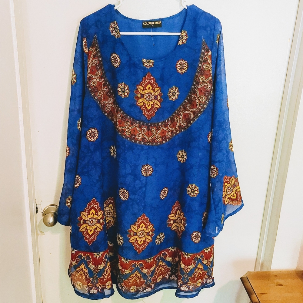 Stunning Blue Mandala Print Indian Poncho Top xl